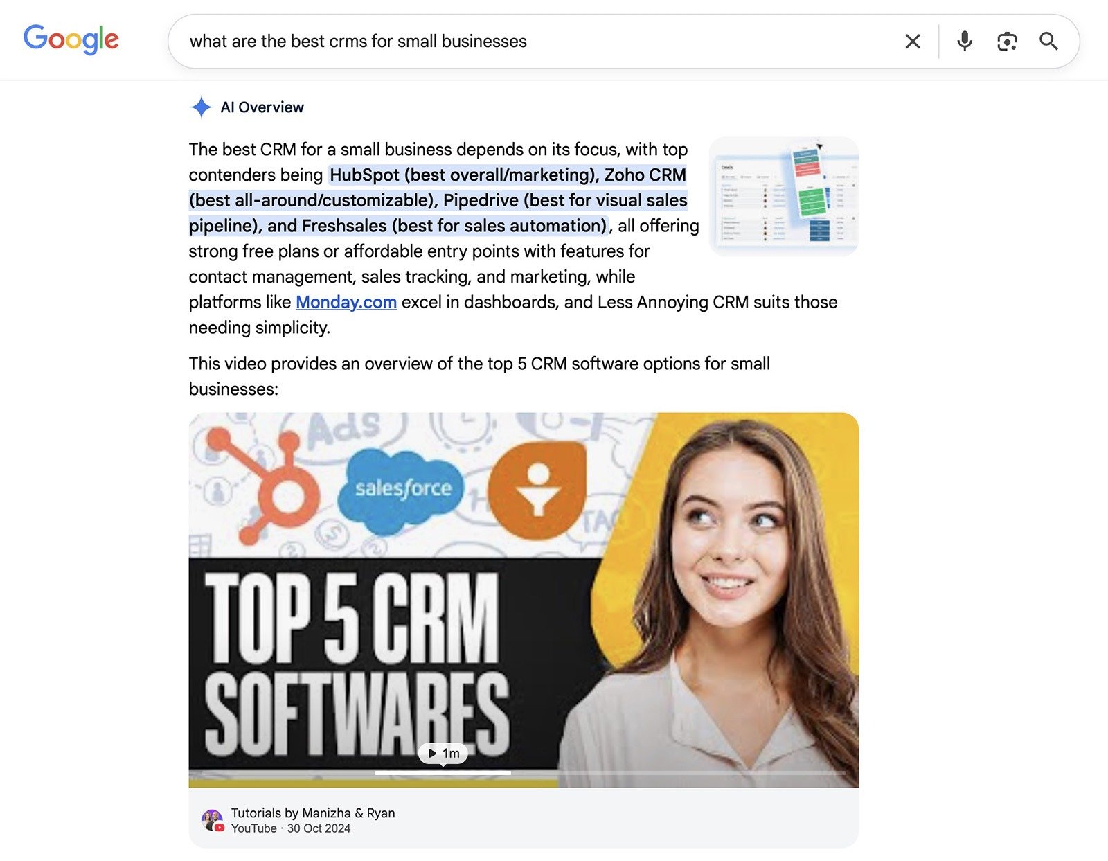 Google AI Overview answering &ldquo;best CRMs for small businesses,&rdquo; listing tools like HubSpot, Zoho CRM, and Pipedrive.