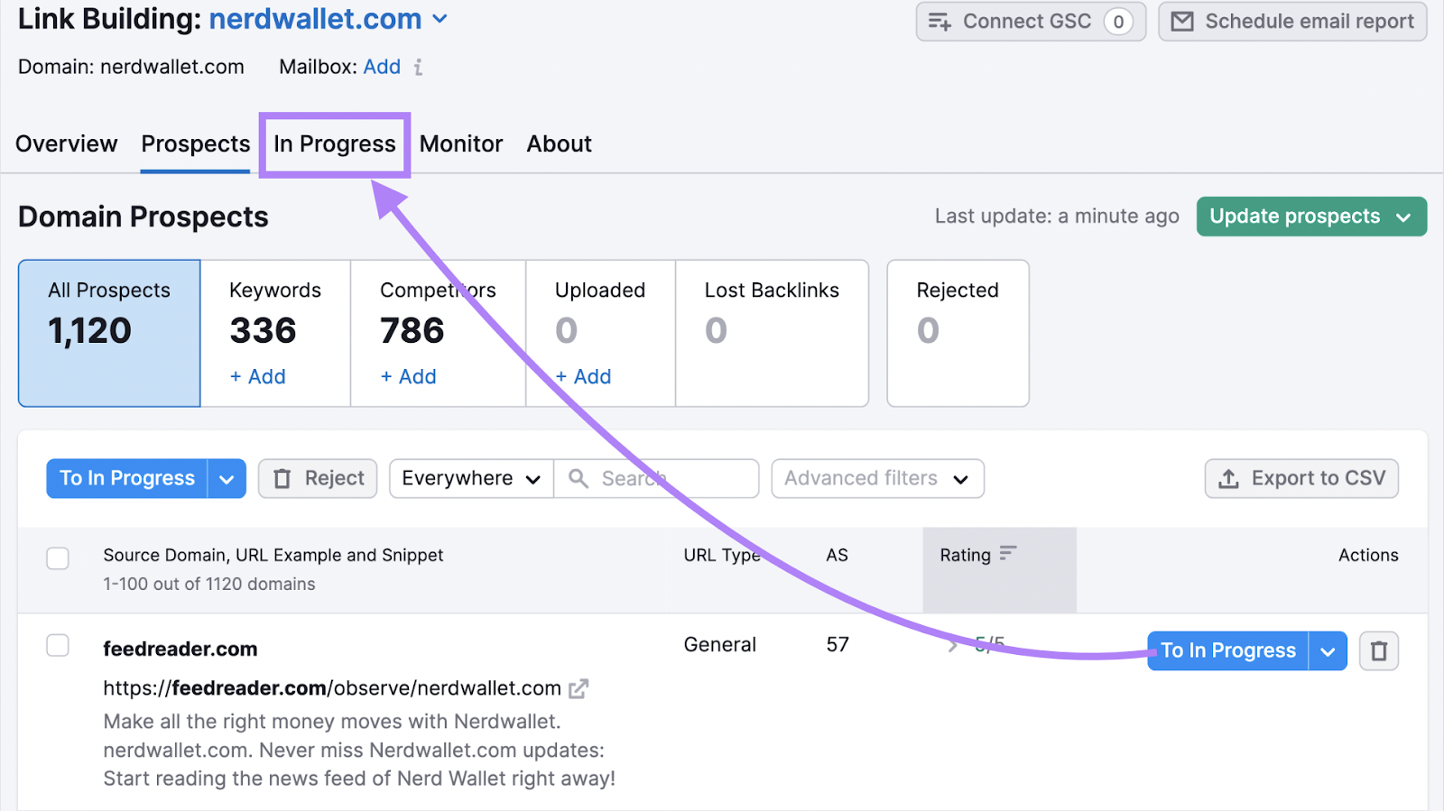 in the &ldquo;In Progress&rdquo; tab you can find list of prospects to start email outreach