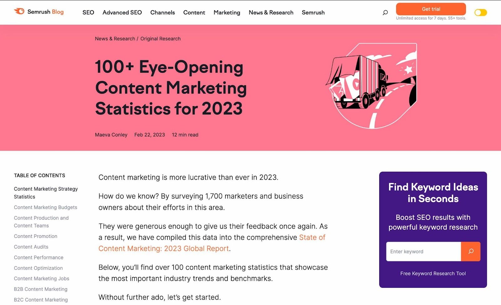Semrush's blog on content marketing statistics