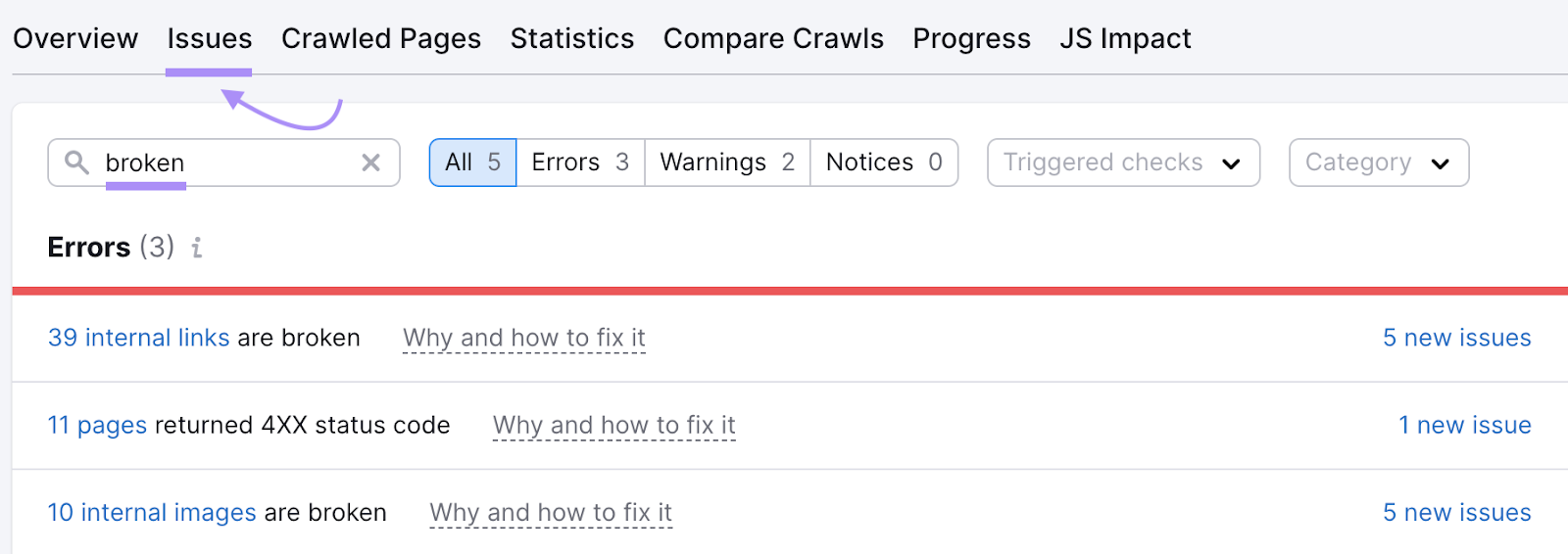search for &ldquo;broken&rdquo; in the "Issues" tab