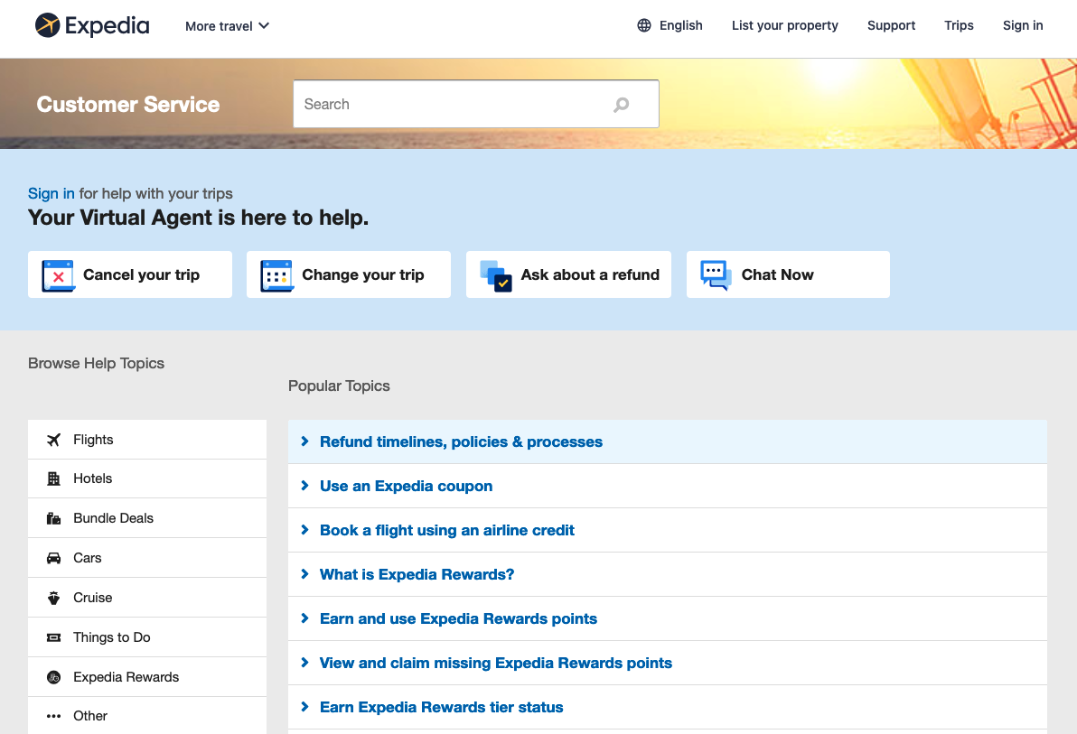 Expedia&rsquo;s support page