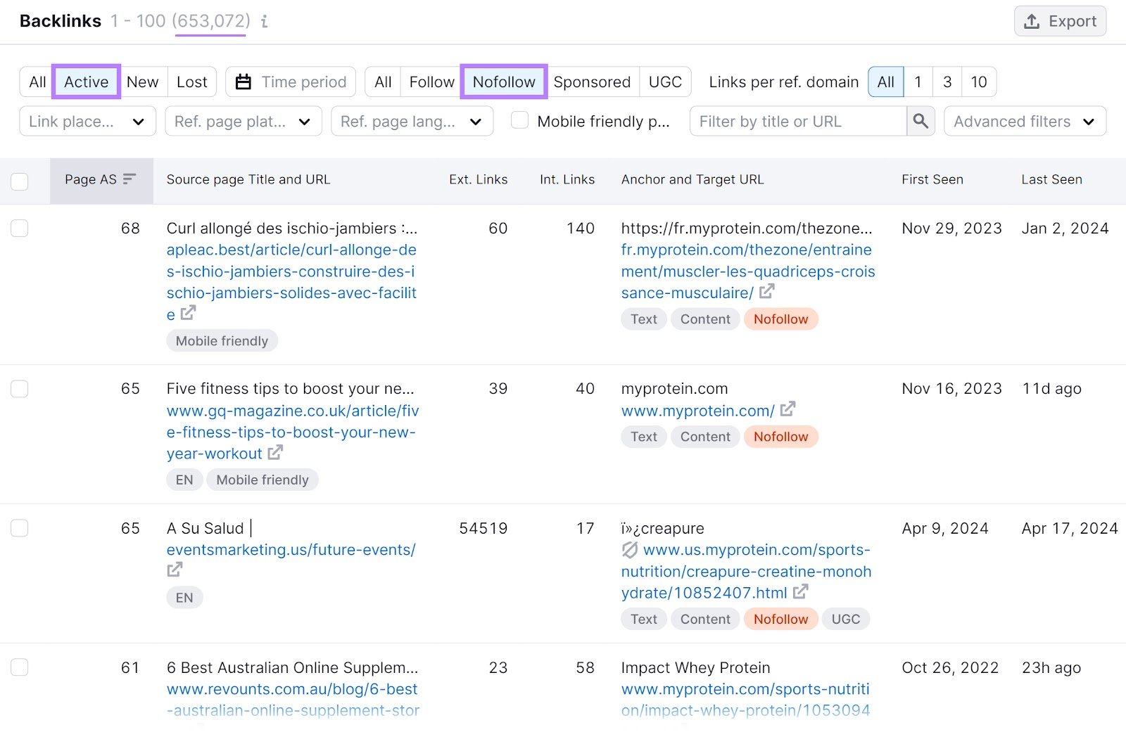 "Backlinks" section of the Backlinks tool with "Active" and "Nofollow" filters highlighted