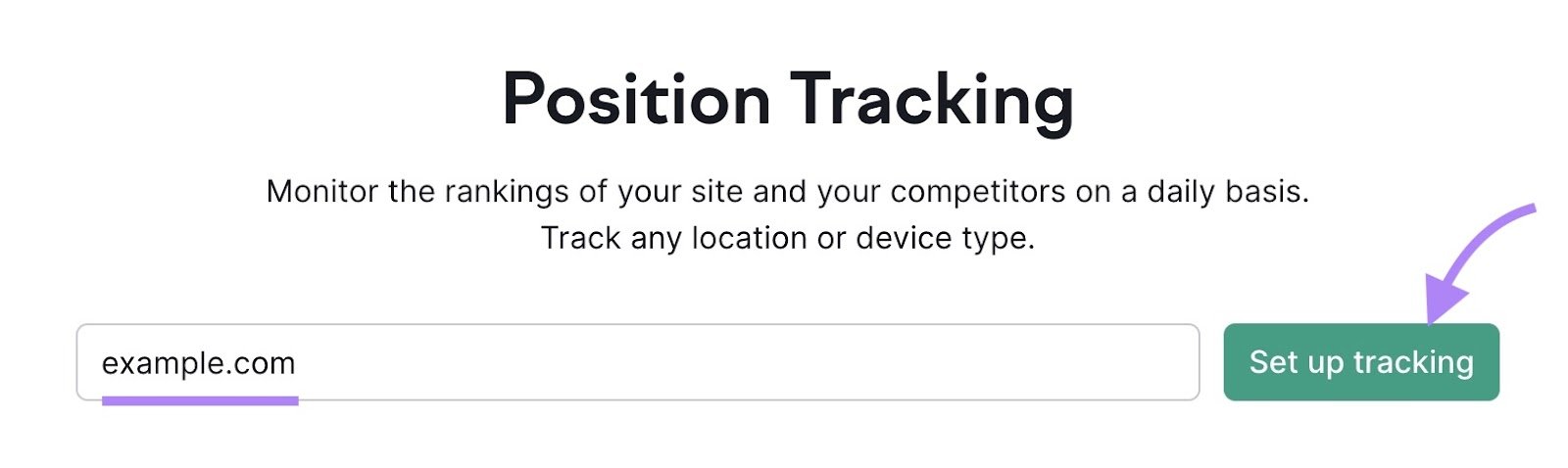 Position Tracking tool start with a domain name entered and &ldquo;Set Up Tracking&rdquo; clicked.
