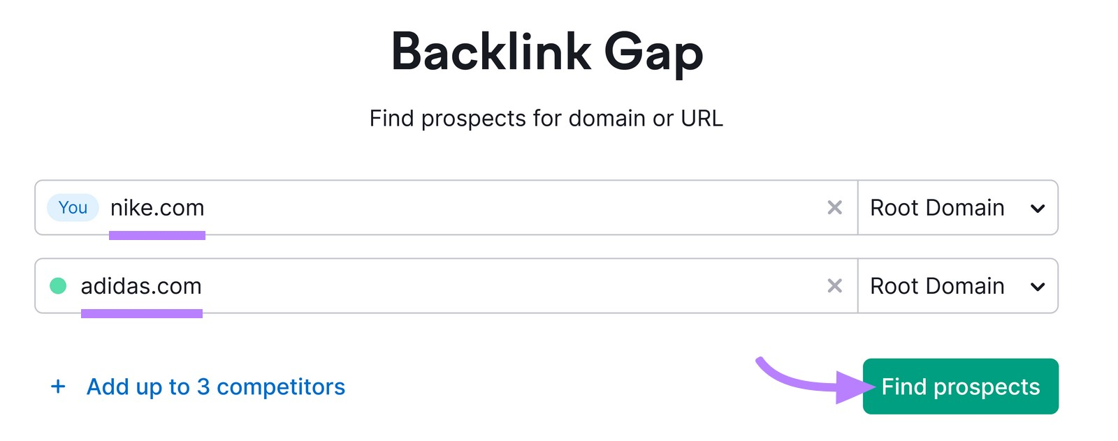enter your competitors&rsquo; domains in Semrush&rsquo;s Backlink Gap tool
