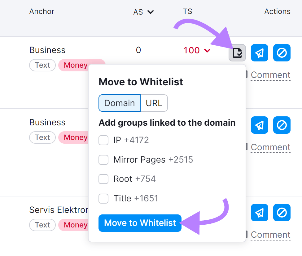 &ldquo;Move to Whitelist" pop-up in Backlink Audit tool
