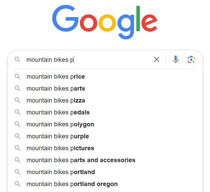 Google&rsquo;s autocomplete drop-down list when typing "mountain bikes p" in the search bar