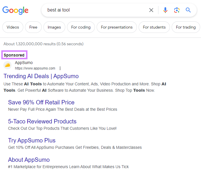 A Google search ad from AppSumo showing up for &ldquo;best ai tool&rdquo; query