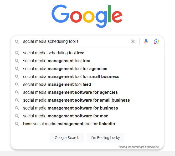 Google autocomplete suggestions for &ldquo;social media scheduling tools f&rdquo;