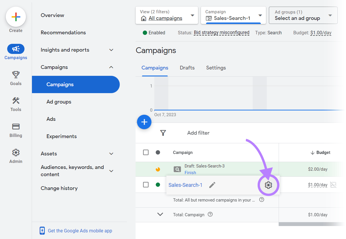 &ldquo;Settings&rdquo; icon beside the campaign name in Google Ads