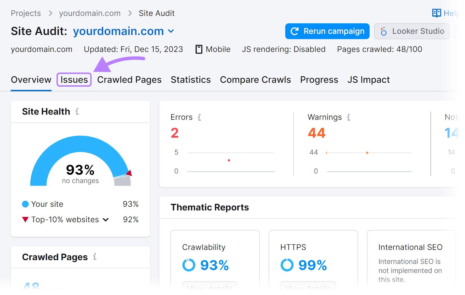 &ldquo;Issues&rdquo; tab highlighted in the Site Audit dashboard