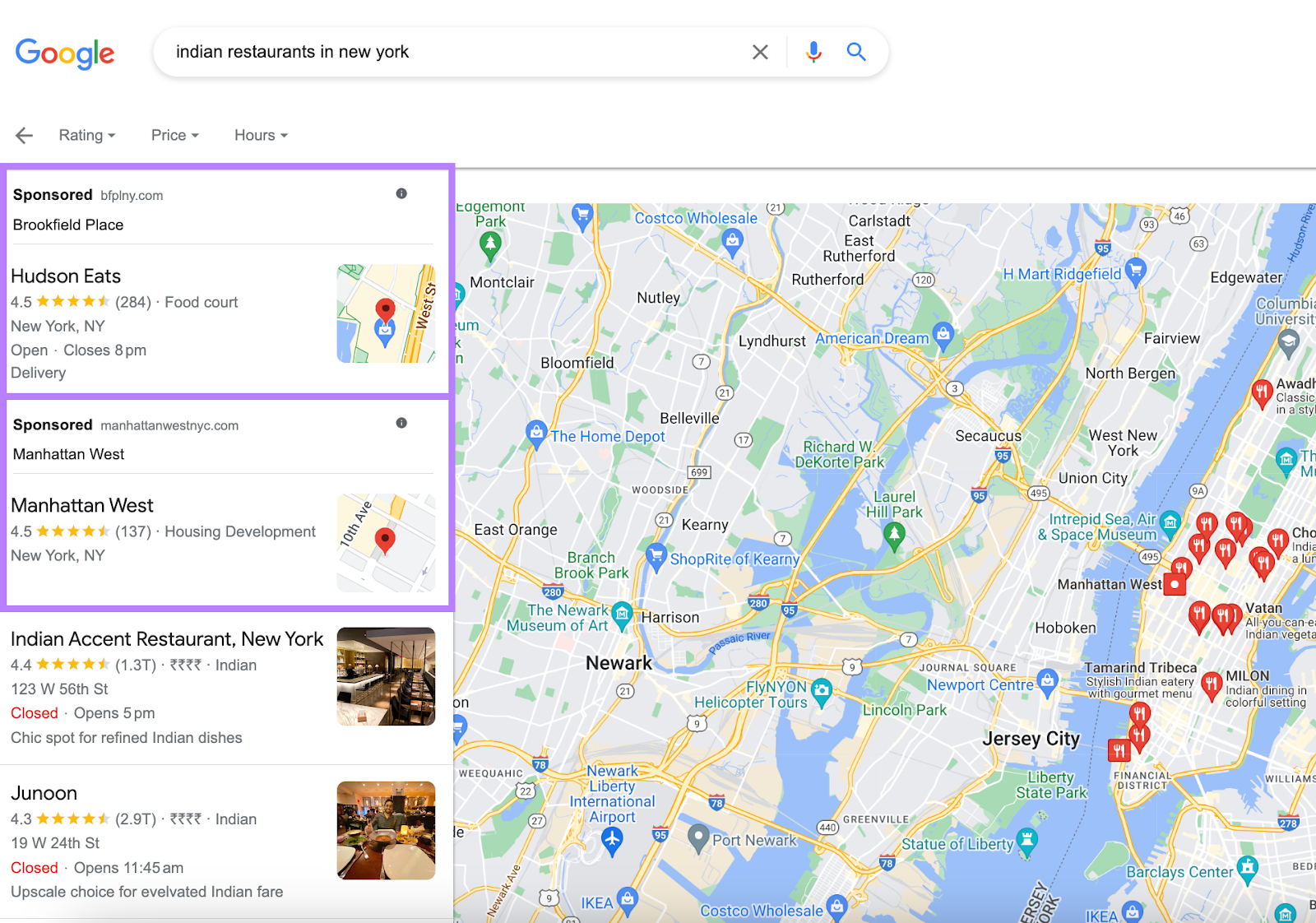 Google local pack results for &ldquo;best restaurants in new york" query