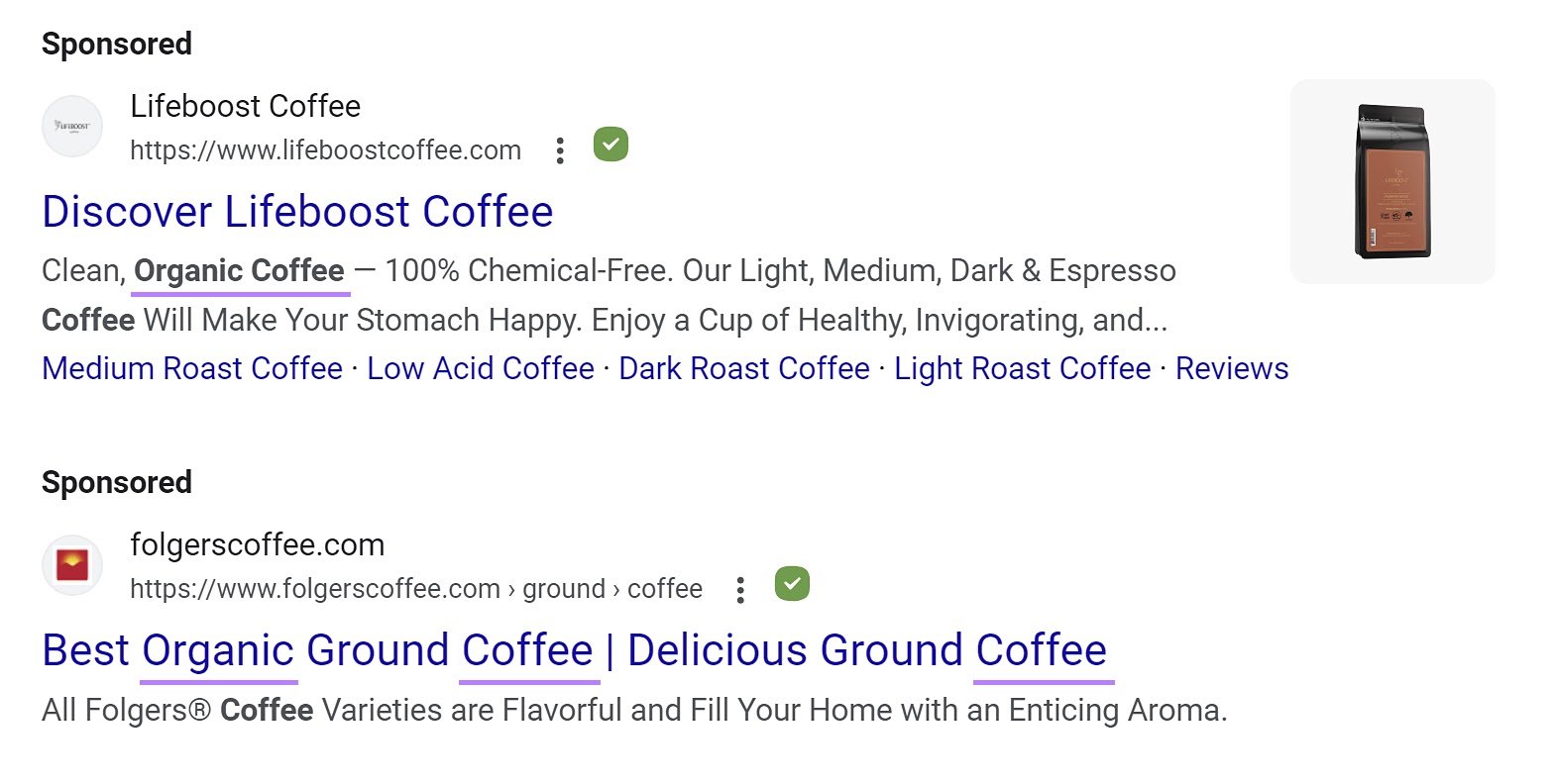 Google ads showing for the "organic coffee" query