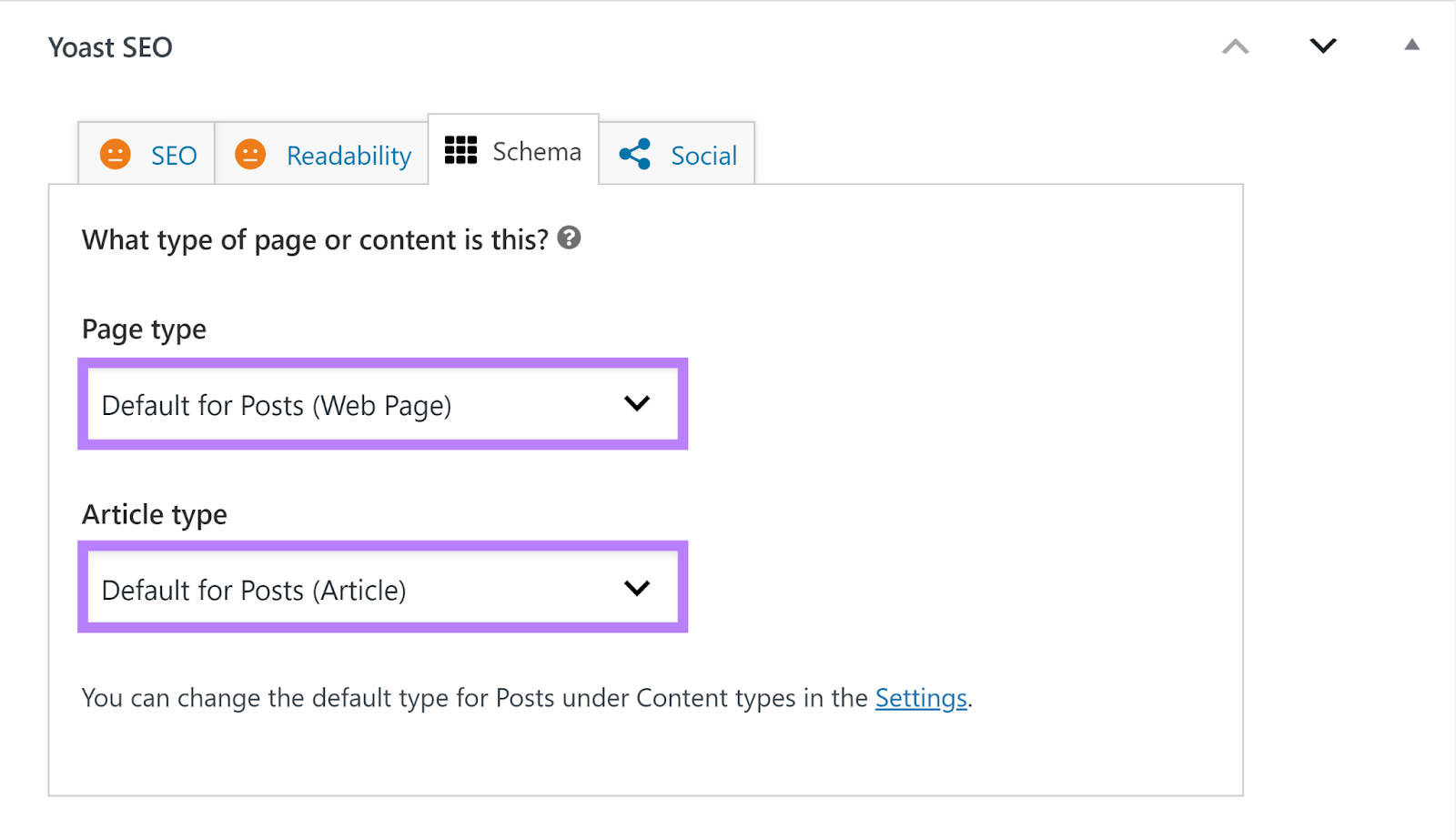 &ldquo;Schema&rdquo; tab and &ldquo;Page type&rdquo; and &ldquo;Article type&rdquo; drop-downs in the Yoast section in WordPress&rsquo;s post editor