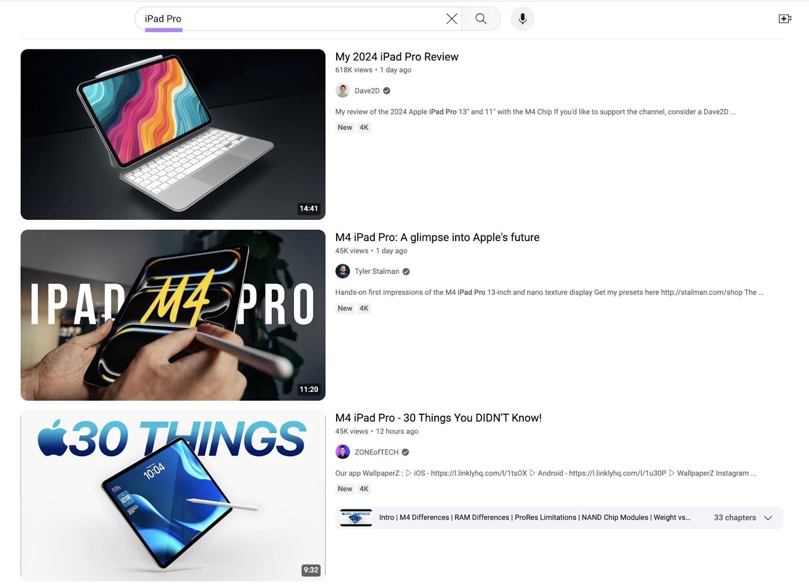 Youtube SERP for the term &ldquo;iPad Pro&rdquo;.