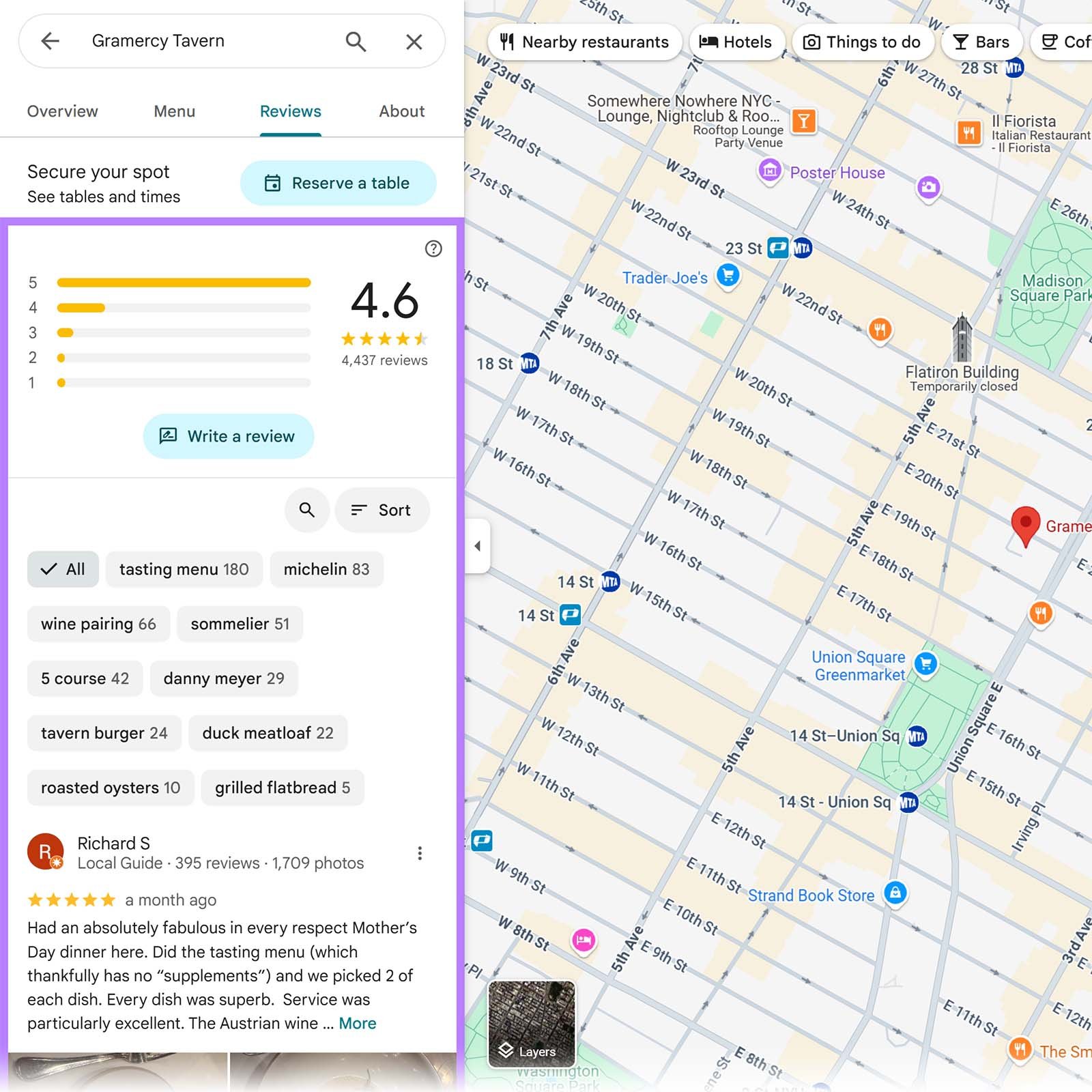 Google Maps screen showing Gramercy Tavern&rsquo;s reviews tab with star rating, rating breakdown, and nearby map