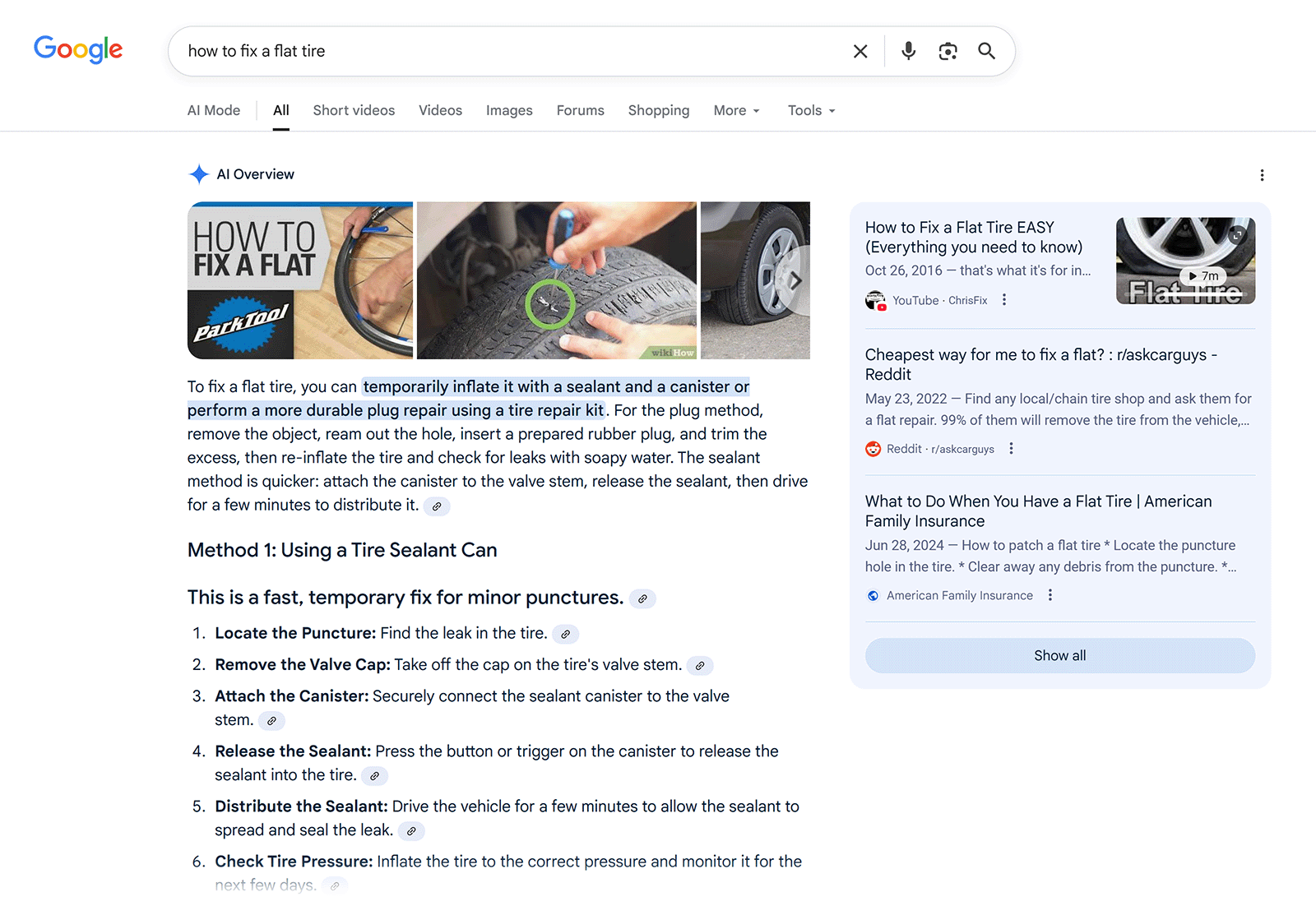 Google search for &ldquo;how to fix a flat tire&rdquo; showing AI overview with step list and highlighted repair instructions.