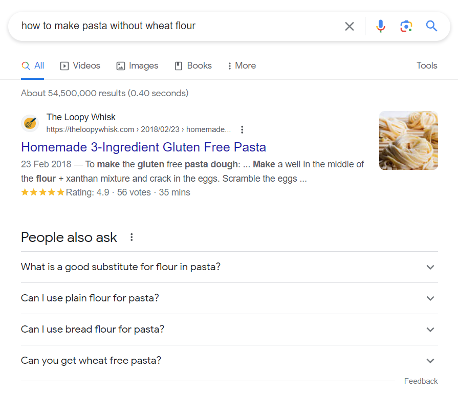 Google's result for &ldquo;how to make pasta without wheat flour&rdquo; query