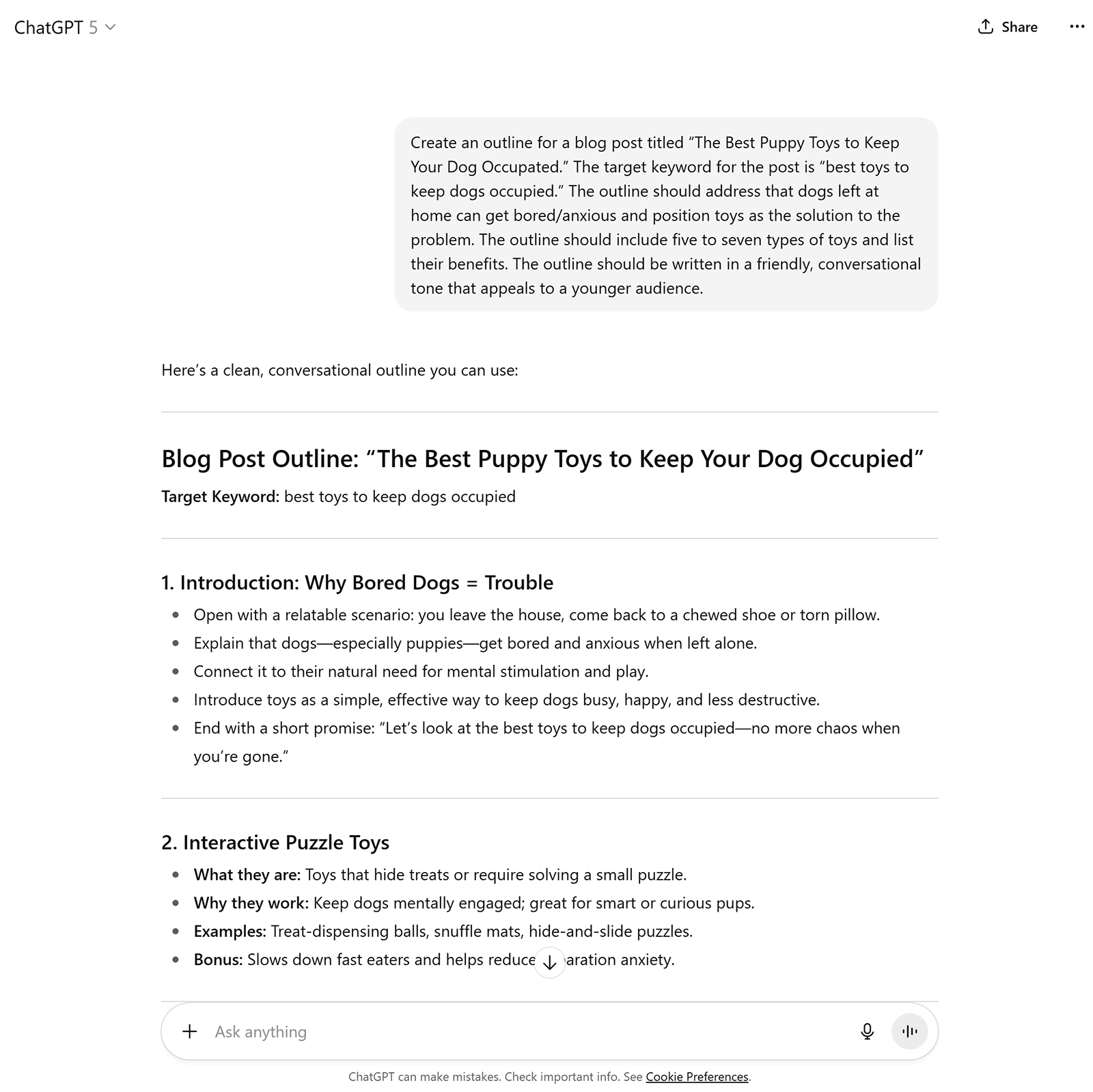 ChatGPT interface displaying a blog post outline titled &ldquo;The Best Puppy Toys to Keep Your Dog Occupied.&rdquo;