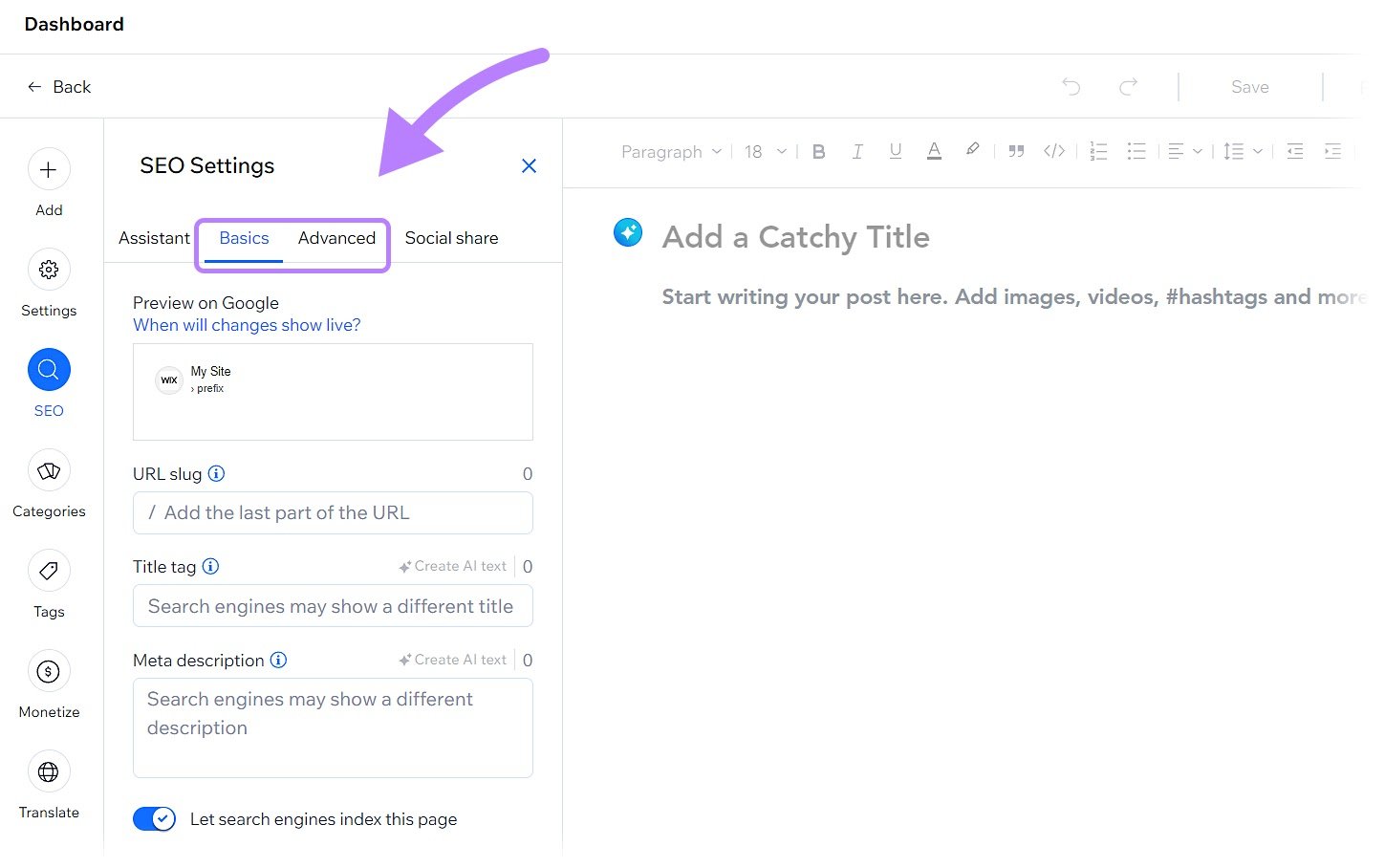 basic and advanced SEO settings highlighted in Wix editor