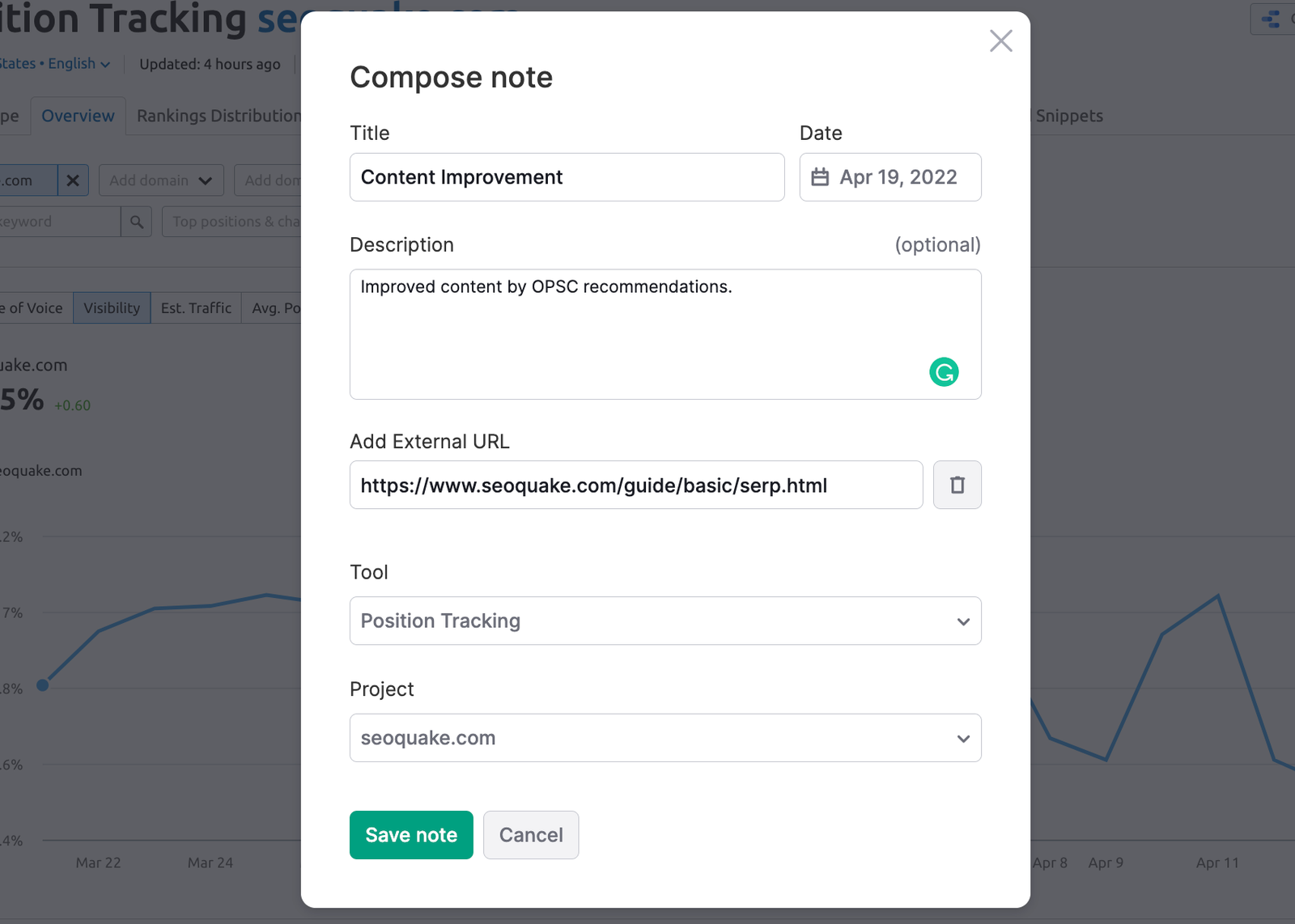 Position tracking compose note menu. Text boxes for title, date, description, add external URL, tool. 