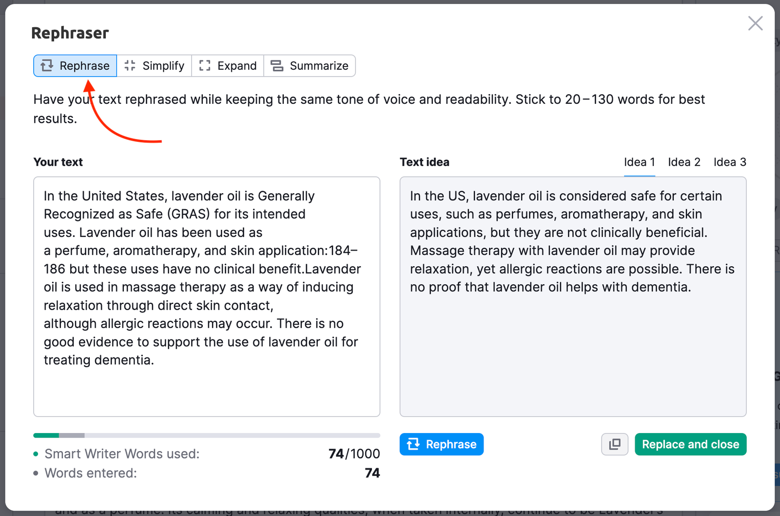 Example showing how to the Rephraser feature works. An arrow points to the 'Rephrase' option in the menu. The example shows two boxes of text: one with your text and the other with the rephrased text idea. 