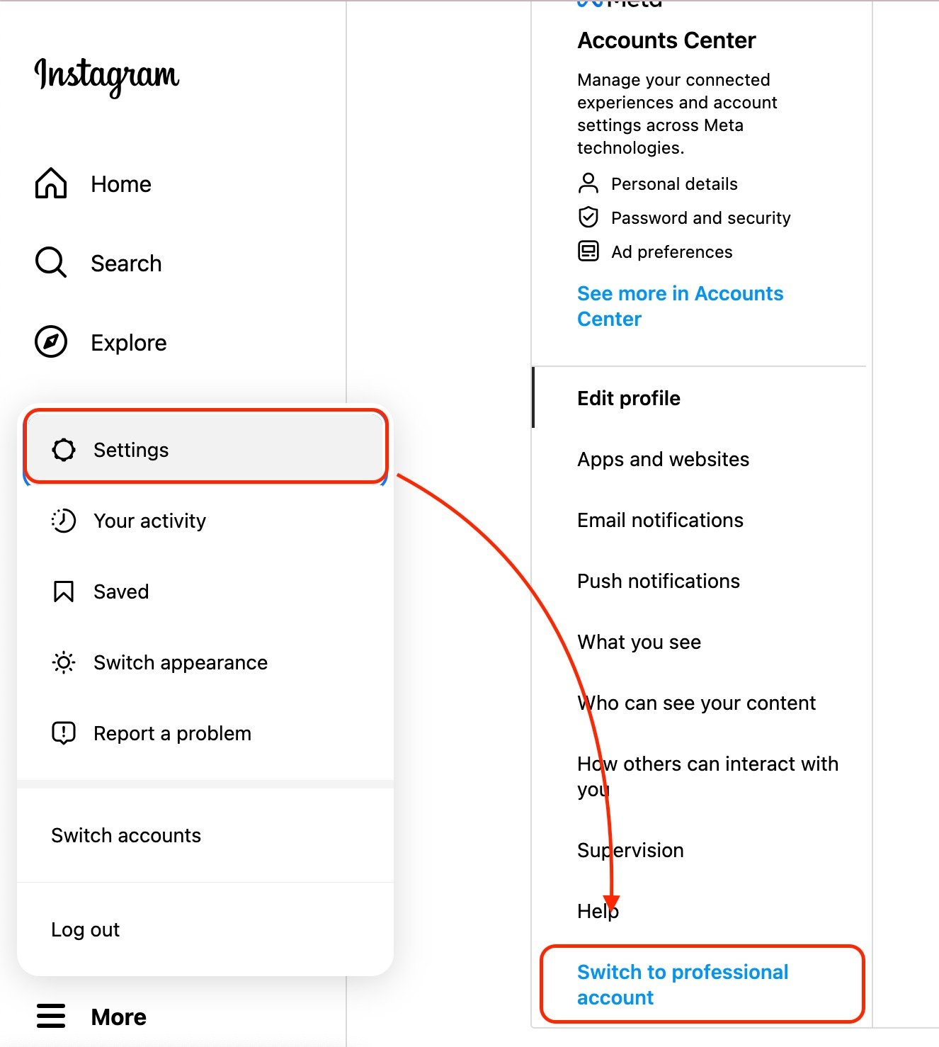 Instagram Settings: the "Switch to professional account" button is highlighted. 
