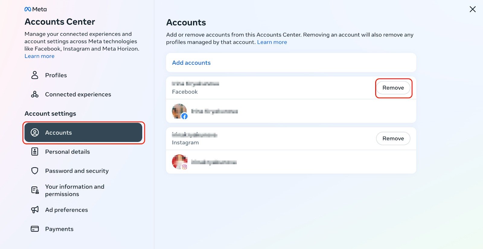 Meta Accounts Center with the Accounts and Remove buttons highlighted with red rectangles. 