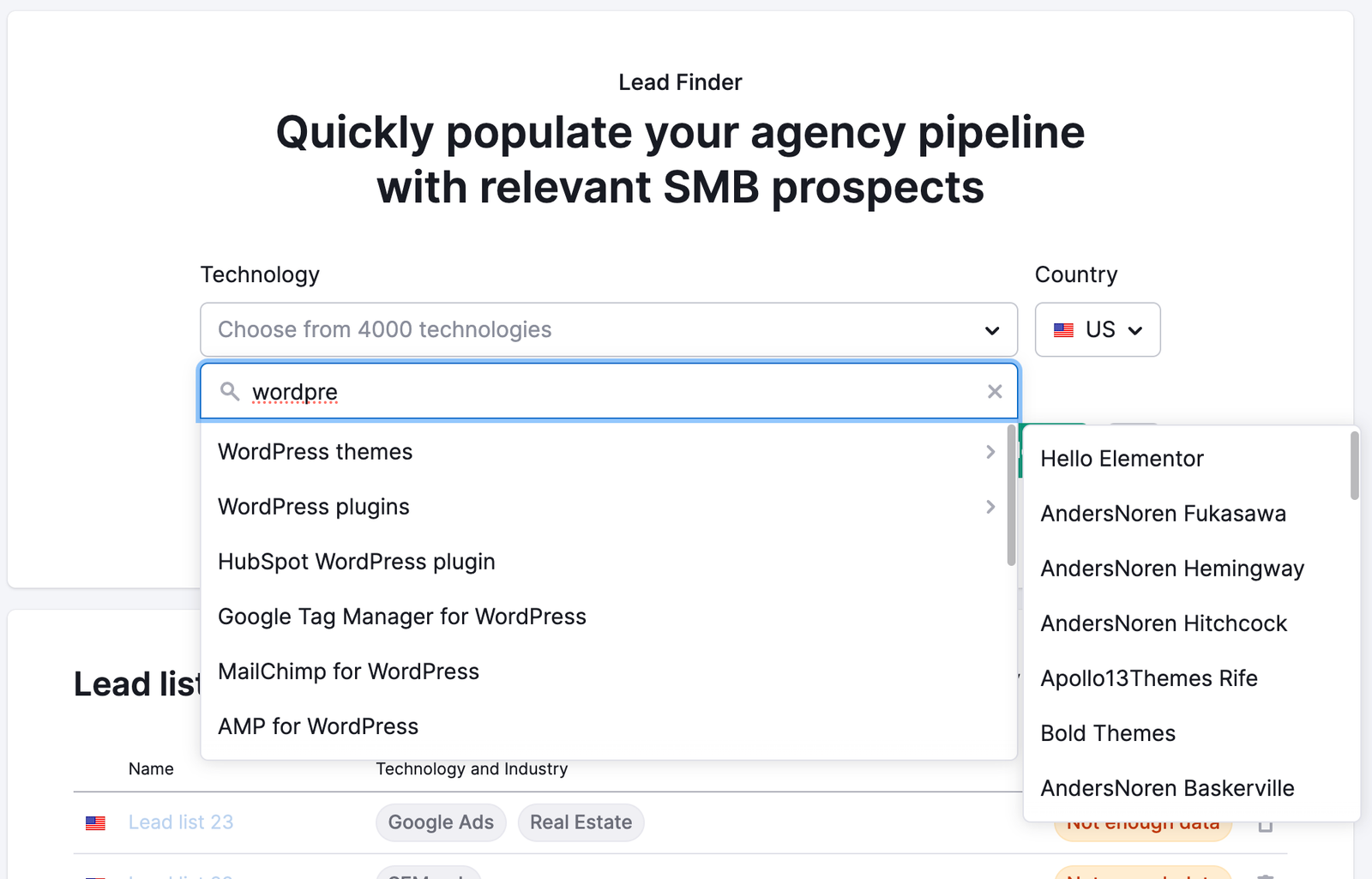 An example of how technology search function works. By entering "wordpress" and opening the additional menu via arrow icon on the right, a list of additional technologies such as Hello Elementor or AndersNoren Fukasawa can be accessed.