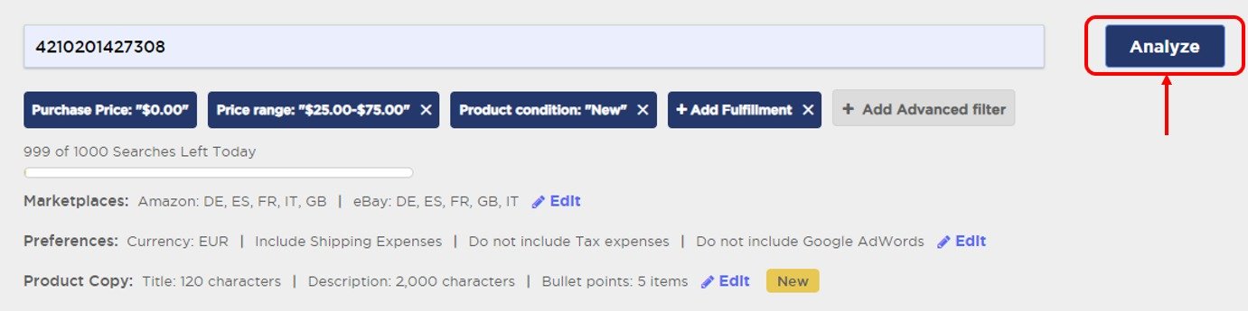 The &lsquo;Single Product Analysis&rsquo; feature of Product Research Pulse.