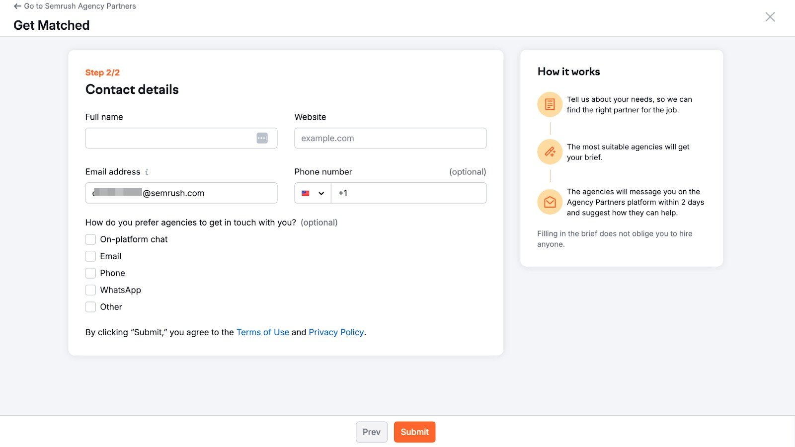 Example of the second step of the Get Matched form, featuring fields for contact details and preferred channel of communication. 