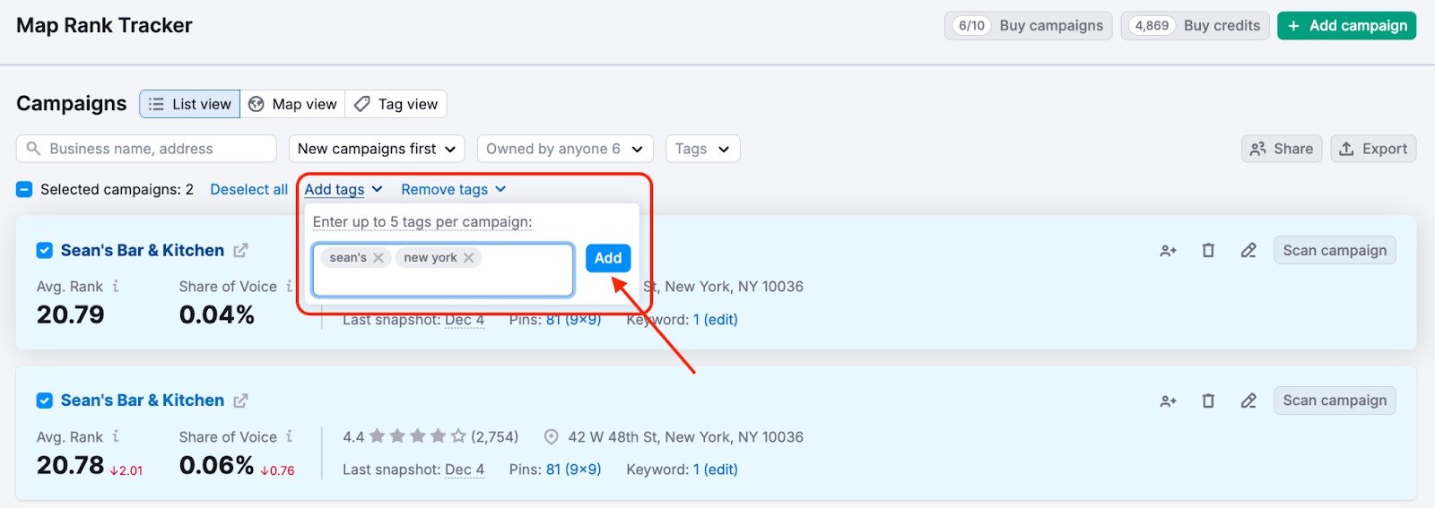 Setting up campaign tags in Map Rank Tracker