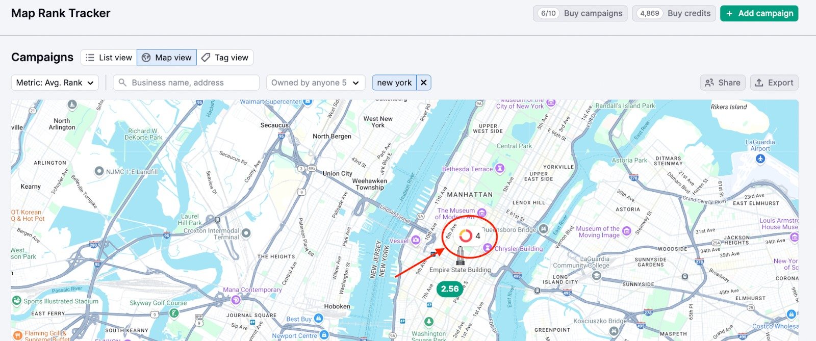 Map Rank Tracker Map view for a cluster of campaigns tagged by geo area