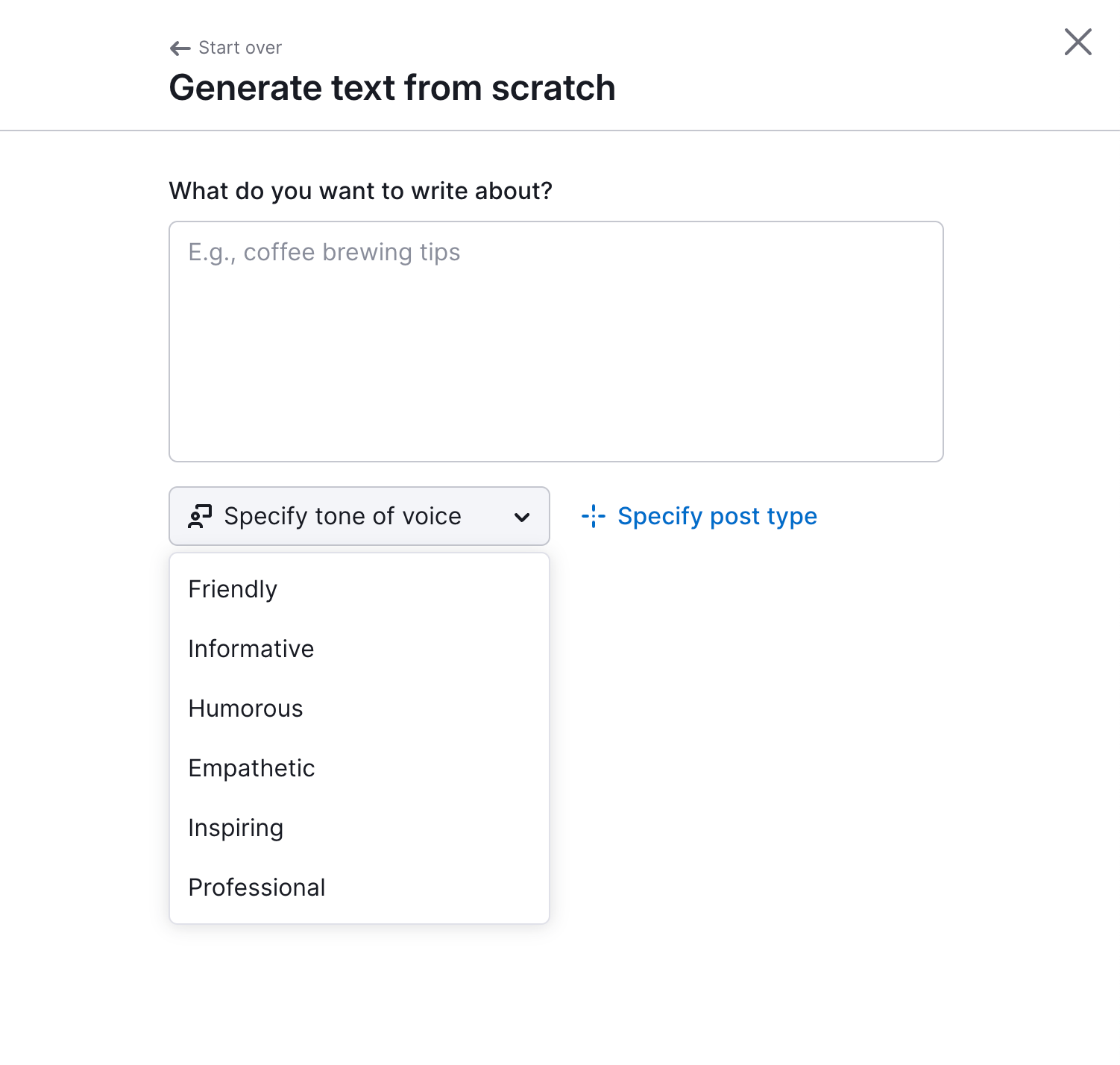 The Specify tone of voice drop-down with options: friendly, informative, humorous, etc.