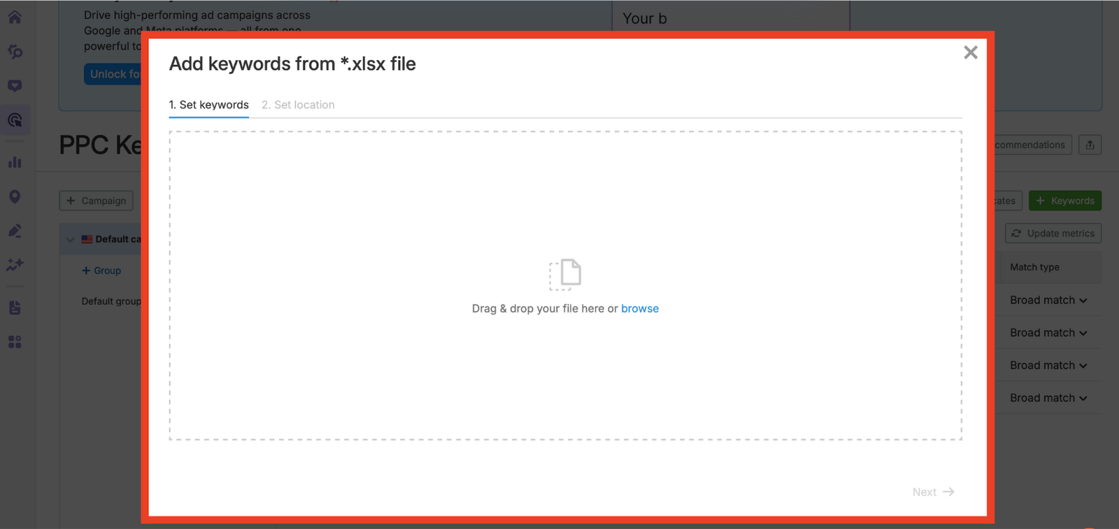Uploading a keyword file into the PPC Keyword Tool.