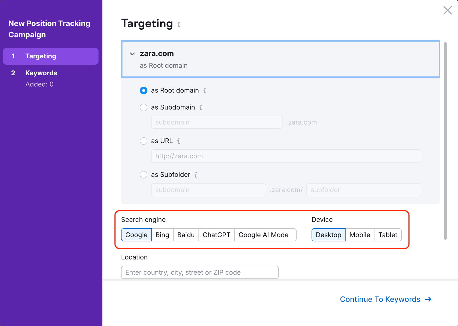 Position Tracking configuration window &ndash; Targeting. A red rectangle is highlighting the Search engine and Device buttons.  