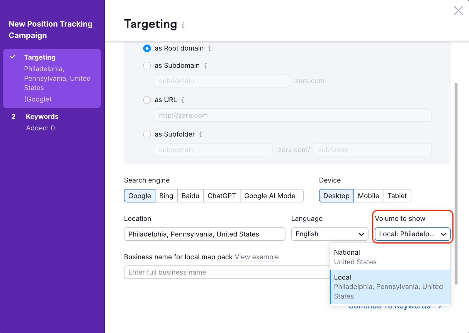 Position Tracking configuration window &ndash; Targeting. An example how to select a location and volume (national or local).