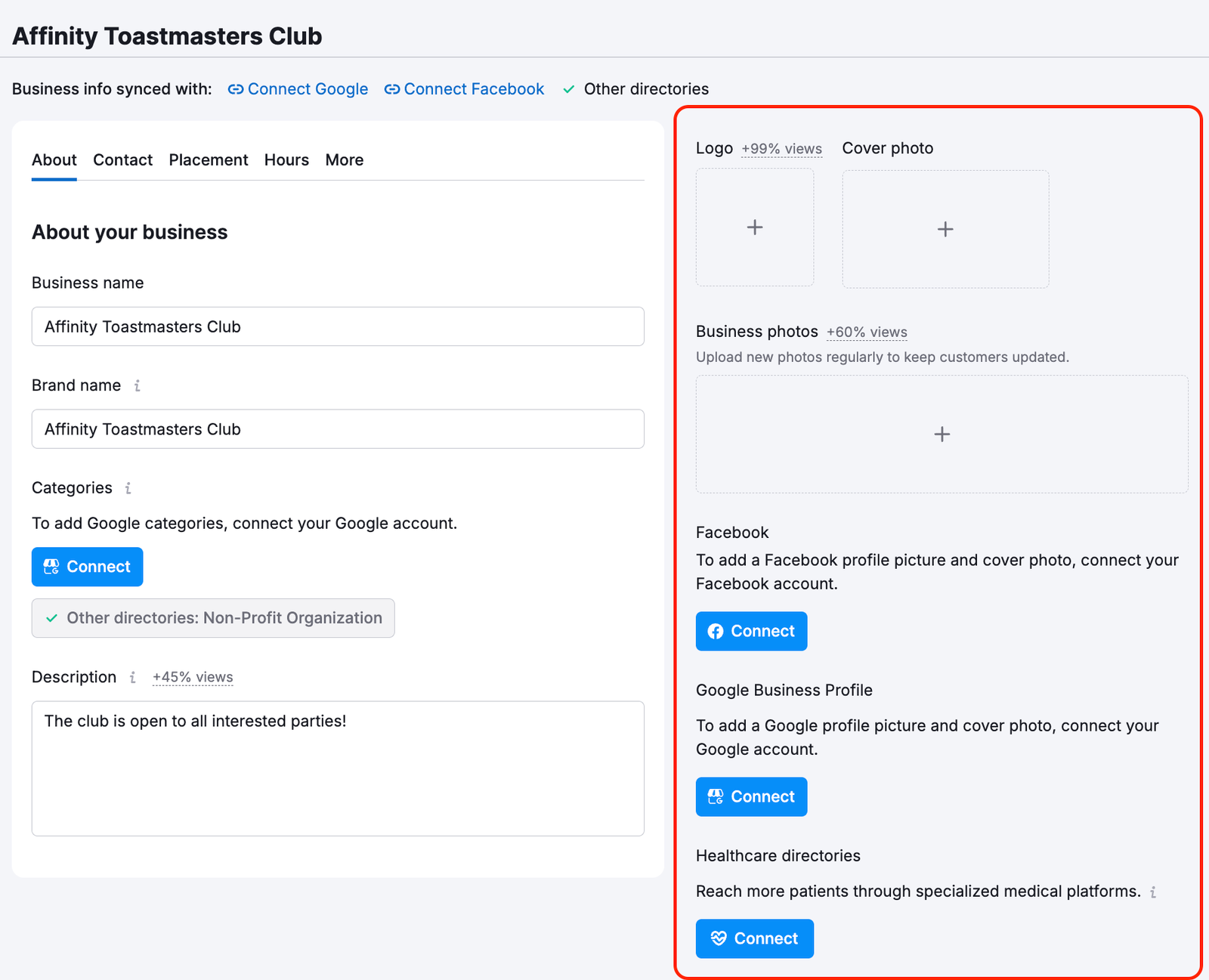 Semrush Listing Management interface showing the About tab for a business location, with business details on the left and media, profile connections, and directory settings on the right.