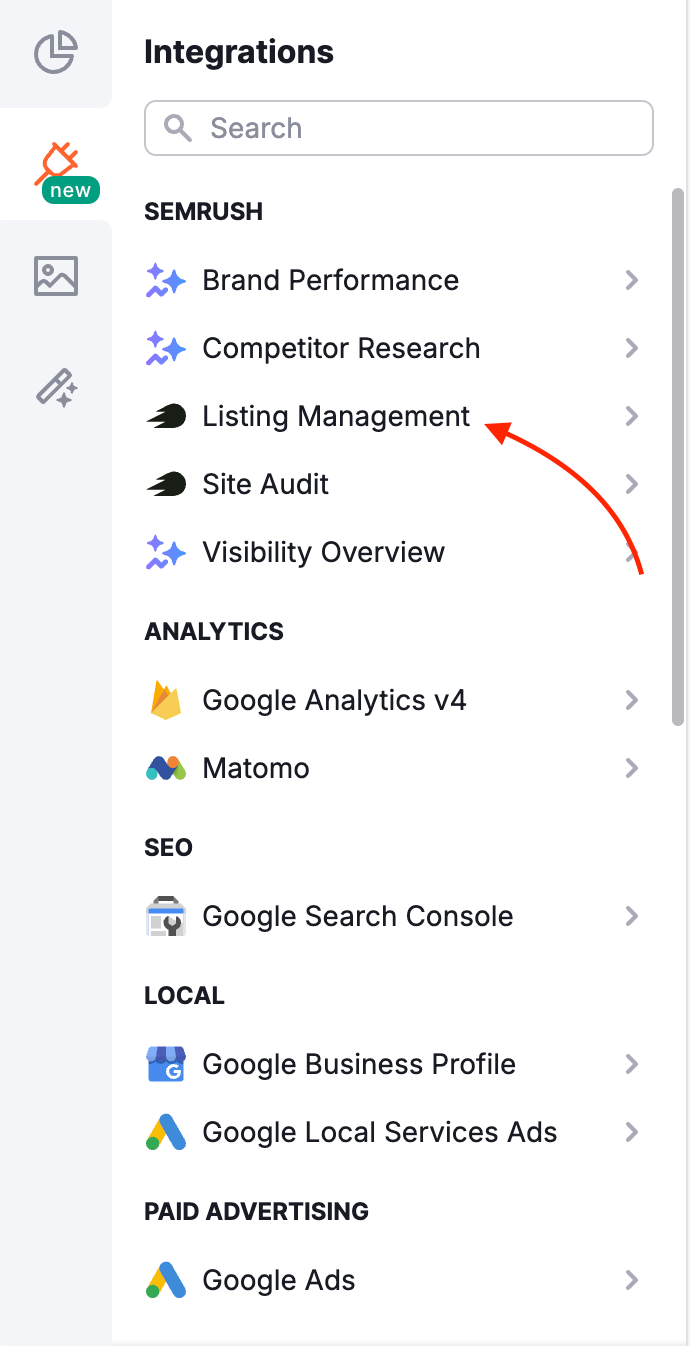 Integrations menu in My Report showing Semrush options, with Listing Management highlighted.